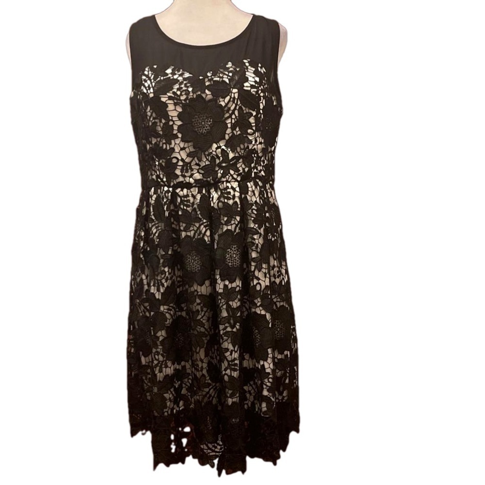 Black Collection Sz L black lace over champagne slip with irregular hem